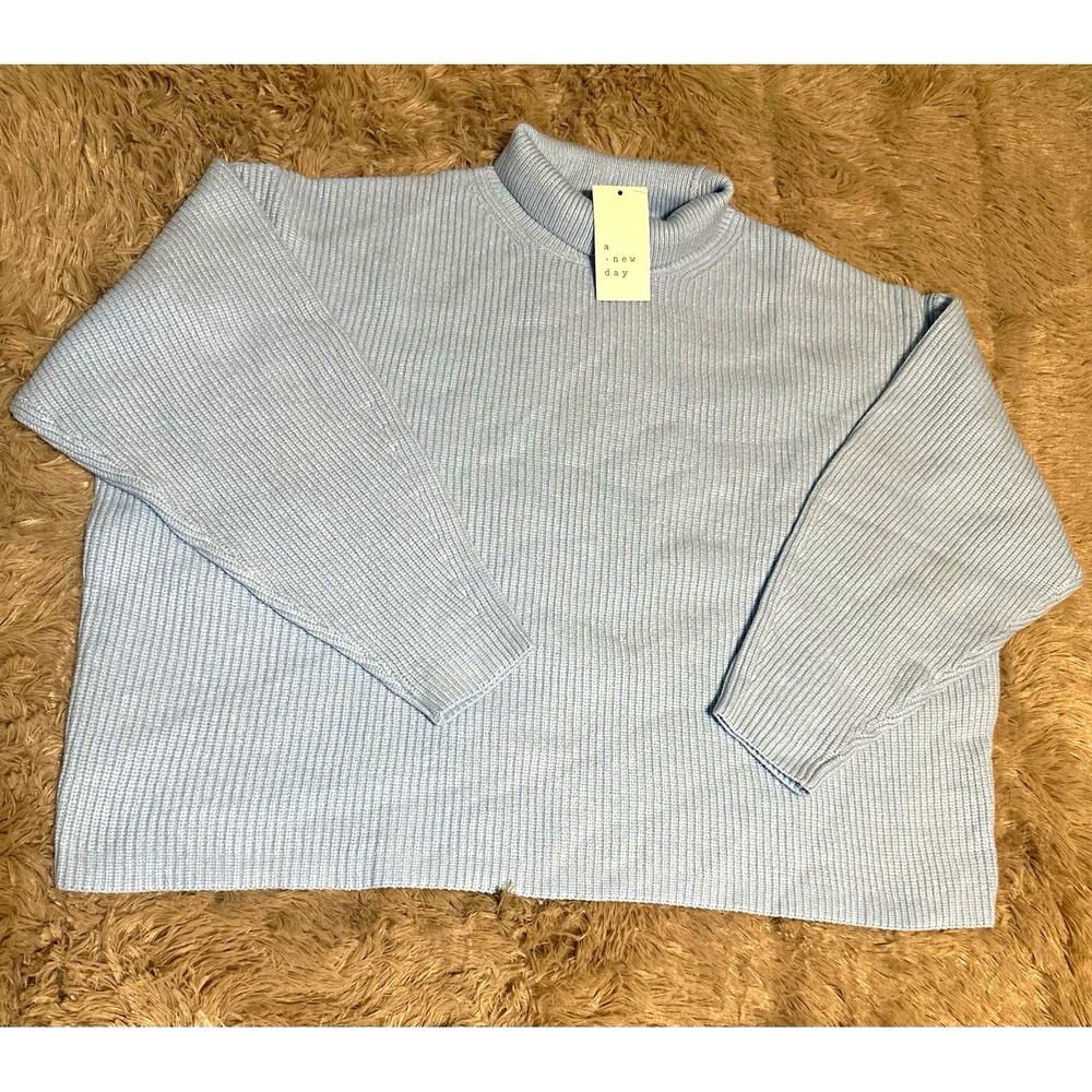 A New Day Women's 1X Blue Rib-Knit Mock Neck Pullover Long Sleeve Sweater